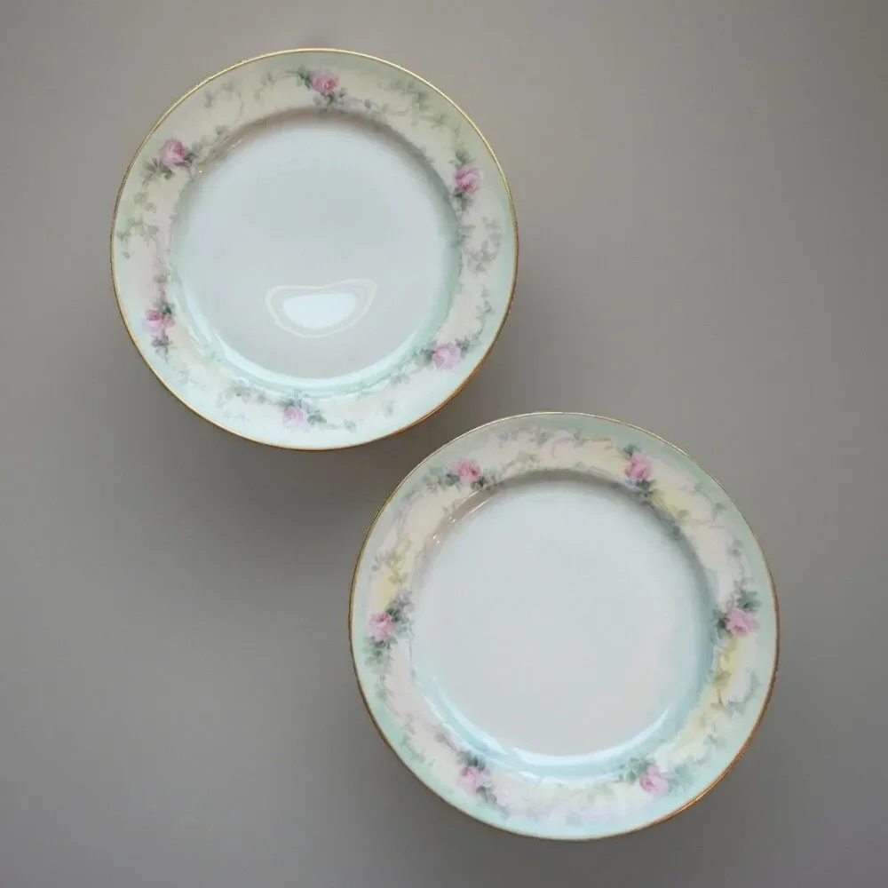 Set Of 2 Antique Limoges France Hand Painted Pink Roses Floral Blue Gold 7 1/2”
